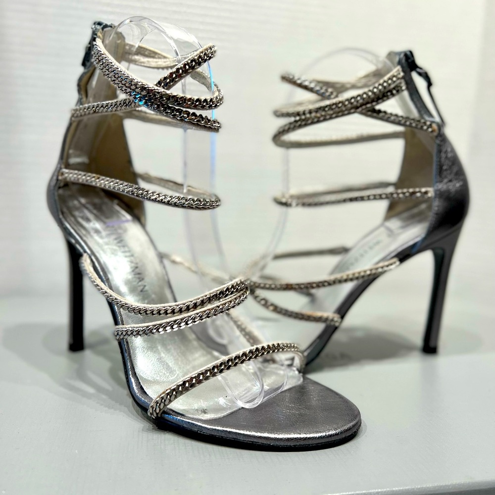 Stuart Weitzman Stilettos Gladiators Silver Chains Shoes 6 1/2 M Made in Spain